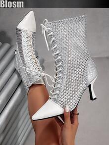 Blosm Damen Stiefeletten mit spitzer Kappe, Schnürung, Kontrastfarben und Cut-Out-Design, sexy Stiefeletten im europäischen Stil, einfarbig, knöchelhoch - Silber - Übersicht 1