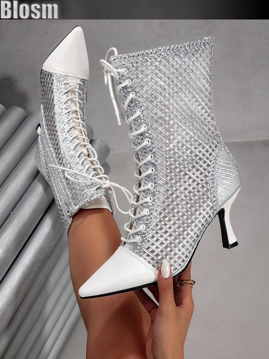 Blosm Damen Stiefeletten mit spitzer Kappe, Schnürung, Kontrastfarben und Cut-Out-Design, sexy Stiefeletten im europäischen Stil, einfarbig, knöchelhoch - Silber - Übersicht 1