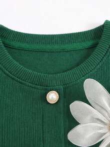2pcs Tween Girls Sweater Set, Green 3D Floral Long Sleeve Sweater With Vintage Plaid Bow Pleated Skirt, Spring/Autumn Fashion Outfit - Green - View 3