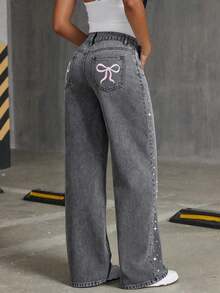Fashionable Rhinestone Embellished Loose Wide-Leg Jeans For Teenage Girls - Grey - View 3