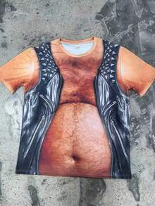 男士 100% 聚酯纖維趣味 3D 印花毛絨腹肌仿真背心圓領短袖圖案 T 恤，派對惡搞休閒創意上衣 - 彩色 - 查看 4