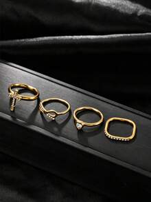 4pcs Exquisite 18K Gold Plated Stainless Steel Rhinestone Cross Heart Bow Rings For Women And Men, Daily Wear, Dating, Gift - Gold - View 3