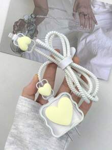 1 Set Apple Charger Protective Case + Hard Shell Data Cable Storage Bag, Office Travel Dorm Storage Organizer, Surprise Gift For Girlfriend - White Heart-shaped Six-piece Set - View 5