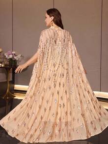Plus Size Women's Heavy Beaded Embroidery Sequin Glamorous Stand Collar Elegant 2 Pieces Arabian Dress, Suitable For Ball And Multiple Occasions Fall - Apricot - View 2