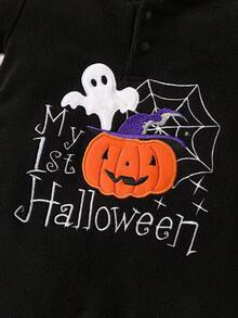 H HIBOBI Infant Halloween Bat Hooded Romper 0-9M Baby Fleece Crawler Embroidered Pumpkin Ghost Pattern Newborn Photo Party Outfit - Black - View 4