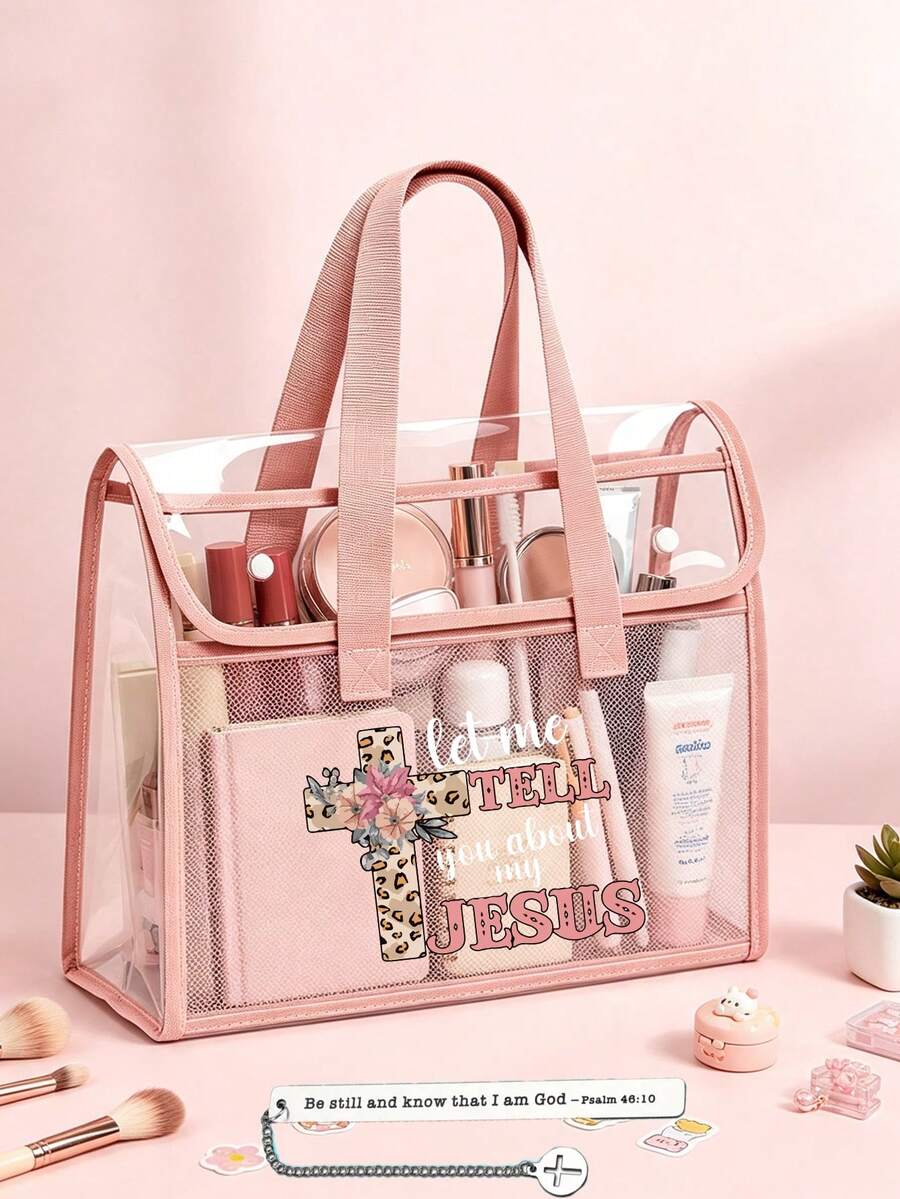 Transparent Tote Bag, Transparent Mesh Flip-Top Storage Bag With Creative Bookmark, Floral Cross And Black Letter, Full Of Easter Atmosphere. Cosmetic Bag, Transparent Shoulder Bag, Made Of Mesh Material With Snap Closure; Large Capacity Multi-Functional Storage Bag With Internal Compartments; Suitable For Students, Teachers' Campus Life, Exams And Back To School Season, Ideal Learning Supplies. Teacher's Day, Easter Gifts. - Multicolor - View 1