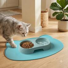 1 Set - Pet Double Bowl Feeding Mat Set, Collects Spilled Water And Scattered Food, Prevents Bowl Slipping And Floor Mess, Suitable For Cat And Dog Daily Home Feeding, Dirt-Resistant Non-Slip Pet Feeding Mat Kit - Multicolor - View 4