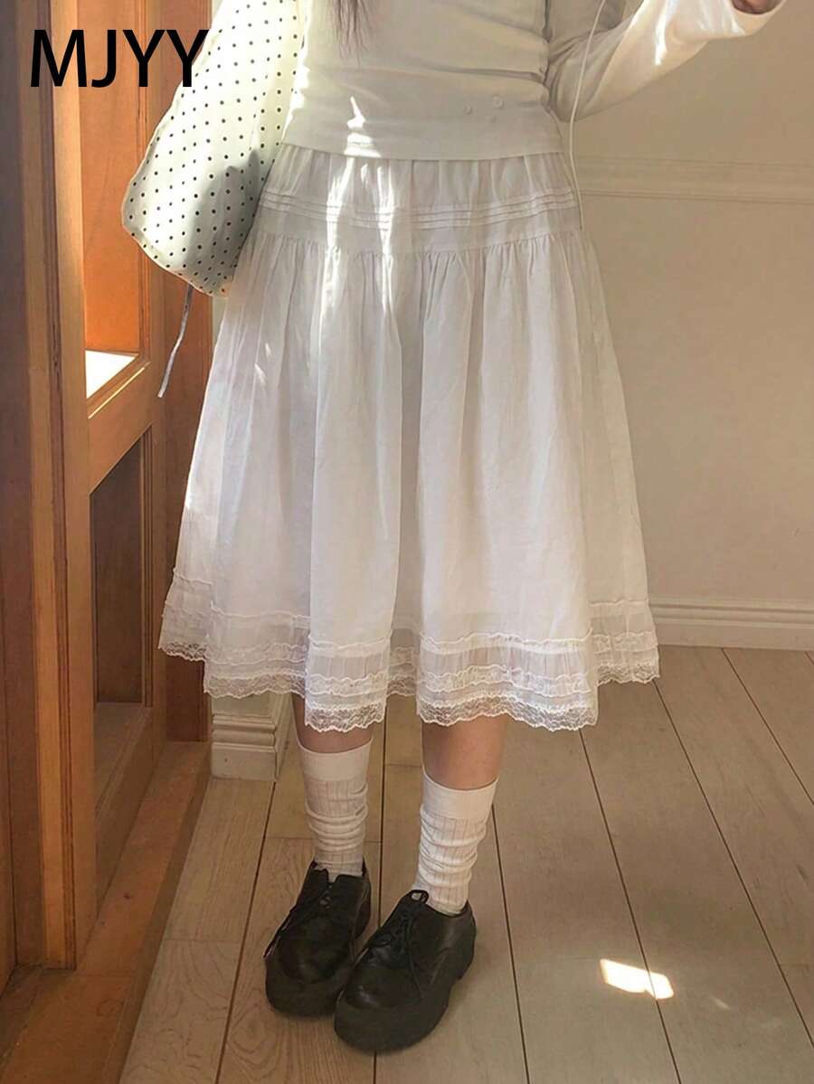 女款蕾絲拼接喇叭下擺優雅甜美裙 - 白色 - 查看 1