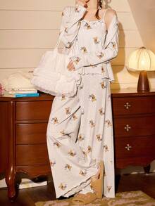 Gongdie Disney 3-Piece   Women's Pajama Set, Soft Cotton Loungewear For Spring And Autumn, With Ruffles And Bows - Light Grey - View 10