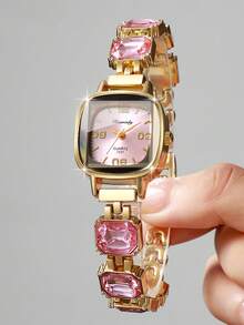 Women's Square Rhinestone Digital Dial Exquisite Fashion Quartz Bracelet Watch + Square Rhinestone Bracelet (2pcs/Set) Watch Box Not Included - Pink - View 8