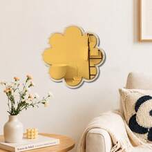 1pc Flower Shaped Acrylic Mirror Wall Sticker With Wooden Backboard, Gold & Silver Optional 3D Decorative Mirror Decal,Wall Art Decor For Living Room Bedroom Home Decor - Flower-shaped - View 1