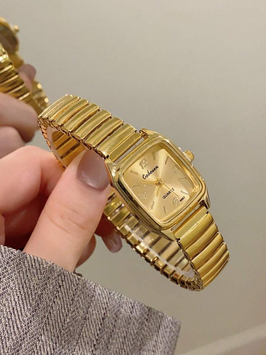 1pc Minimalist Compact Roman Numeral Quartz Watch, Elastic Strap, Suitable For Birthday, Gift, Daily Decoration - Gold - View 1