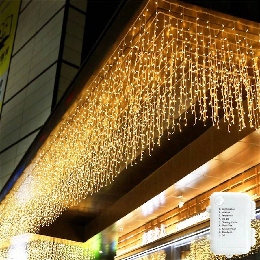 8 Lighting Modes Battery Powered Icicle Lights Curtain Lights, Starry String Lights, Outdoor Engineering Mall Wedding Decoration Lights, Outdoor Atmosphere Lights, Indoor Curtain Lights Christmas Decoration Holiday Lights, Holiday Lighting, Waterfall Lights Yard Decoration, Outdoor Decoration, Garden Fence Railing Decoration, Room Bedroom Hallway Living Room Eaves Decoration String Lights, Wedding Party Decoration