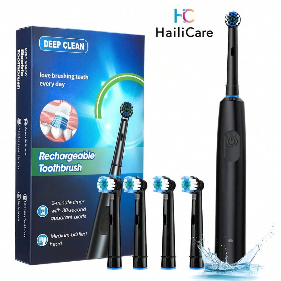 Hailicare Cepillo de dientes eléctrico recargable para adultos, 5 modos, cepillo de dientes eléctrico giratorio con 4 cabezales de cepillo de repuesto suaves - Multicolor - Ver 1