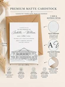 1pc Customized Venue Line Art Wedding Invitations, Personalized Wedding House Sketch Greeting Cards, Customized Text Wedding Venue Illustration Greeting Cards. - Multicolor - View 2