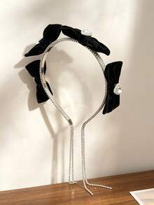 1pc Black Velvet Bow Heart Rhinestone Tassel Headband, Luxury Rhinestone Chain Headband For Women, Party & Banquet Hair Accessory - Multicolor - View 3