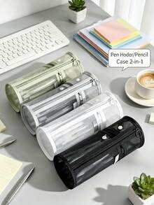 Minimalist Transparent Mesh Large Capacity Pencil Case, Flip Cover Solid Color Pen Bag, Portable Stationery Storage Bag - Multiple Styles - View 9