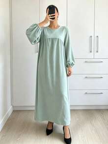 1pc New Plus Size Dress With Ruched Chest, Lantern Sleeve Design, Classic Versatile Abaya For Women's Daily Wear - Multicolor - View 1