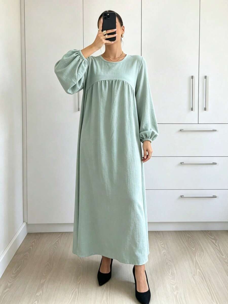 1pc New Plus Size Dress With Ruched Chest, Lantern Sleeve Design, Classic Versatile Abaya For Women's Daily Wear - Multicolor - View 1