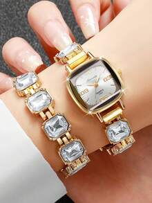 Women's Square Rhinestone Dial Quartz Bracelet Watch With Digital Scale + Square Rhinestone Bracelet (2pcs/Set) Watch Box Not Included - White - View 2