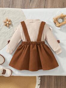2pcs/Set Baby Girl Long Sleeve Ribbed Knit 3D Flower Embroidery Letter Patchwork Vintage Mori Style Pinafore Dress Spring Autumn Outfit For Outings, Birthday, Photo Shoot - Multicolor - View 2