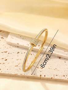 Trending Multi-Style Layered Stainless Steel Open Bangle, 18K Vacuum Plated Gold With Zirconia, Mother Of Pearl, Four-Leaf Clover And Polka Dot Zirconia, Versatile Commuter Elegant Gift For Holidays - Gold - View 9