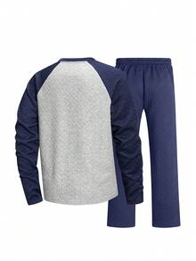Set Sweatshirt dan Celana Jacquard Leher Bulat untuk Pria Musim Gugur/Dingin - Biru - View 4