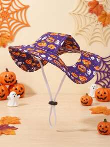Topi Matahari Poliester Bergaya Halloween dengan Motif Hantu dan ; Dirancang dengan Lubang Telinga dan Tali Pengikat yang Dapat Diatur. Cocok untuk Anjing Kecil hingga Sedang, Anak Anjing, dan Kucing; Cocok untuk Digunakan di Luar Ruangan Sepanjang Musim. - Purple - View 11