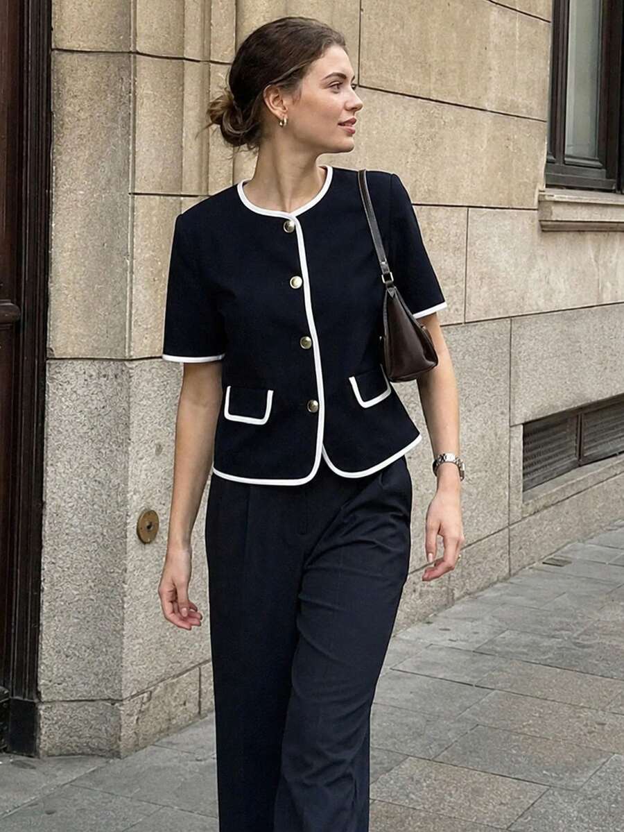 女士撞色短款外套,春夏短袖套装,休闲外套,蓝色短款外套,优雅女士短款外套 - 藏蓝色 - 查看 1