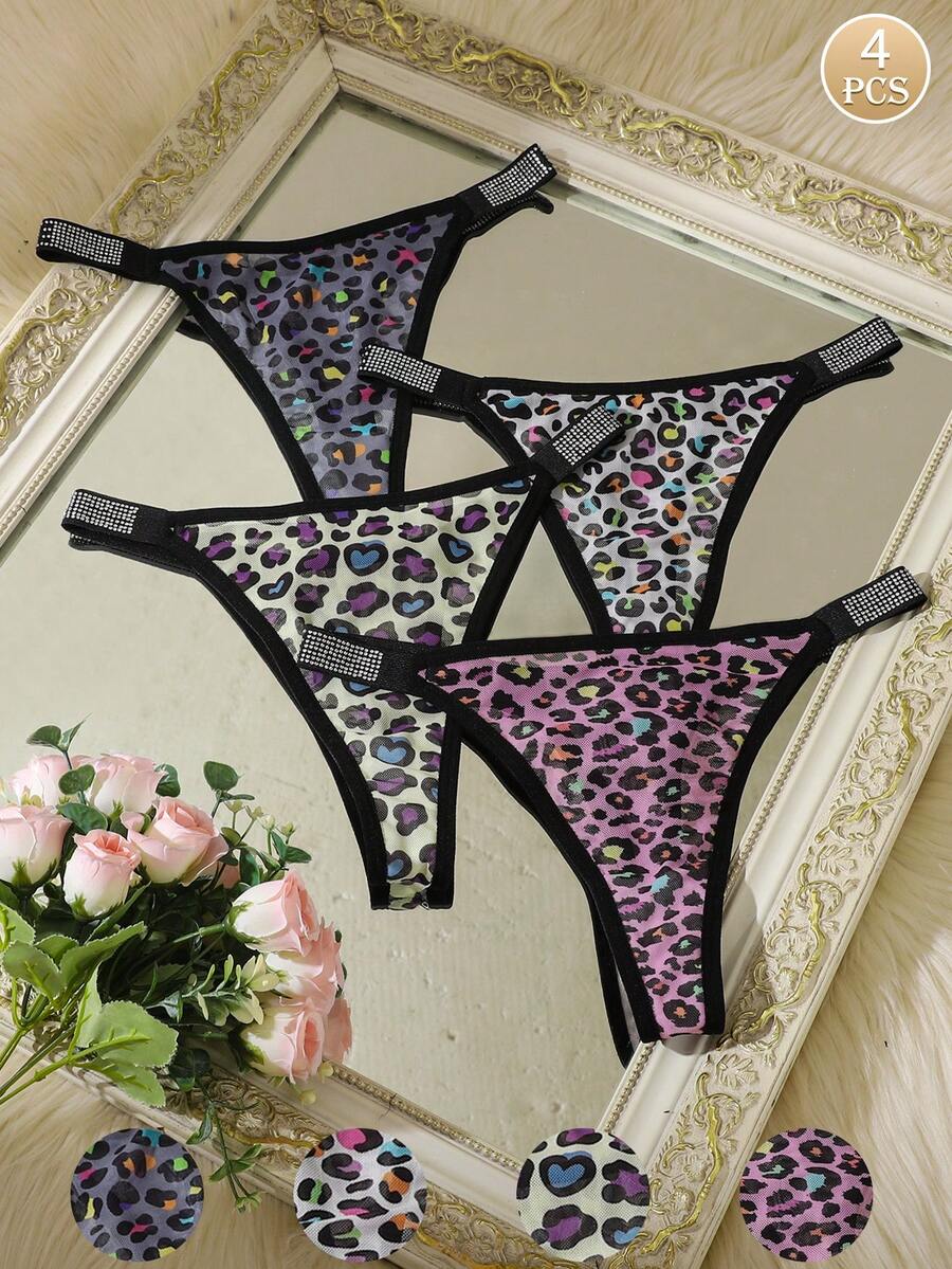 4pcs/Pack Colorful Leopard Print Women's Thin Strap Thong Panties, Skin-Friendly Comfortable Fit Without Skin Irritation, Y2K Hot Girl Style, Suitable For Body Shaping, Home, Date, Fashionable Sexy Underwear - Multicolor - View 1