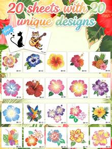 STARTTOOS 20pcs/20 Sheets Summer Beach Hibiscus Flower Pattern Temporary Tattoo Stickers, Waterproof Realistic Tattoo Decals For Kids DIY Birthday Party Christmas Gift Holiday Events - Multicolor - View 10