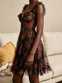 2pcs New Mesh Floral Print Sexy Lingerie Set, Spaghetti Strap Babydoll Dress And Panty - Black - View 5