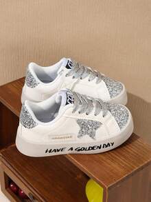Girls' White Sneakers, Flat Casual Shoes, Retro Design, Breathable, Non-Slip Sole, Versatile, Suitable For Daily Wear, Outdoor Sports, All Seasons, Campus Wear, Ball Games, Kids' Shoes - Silver - View 2