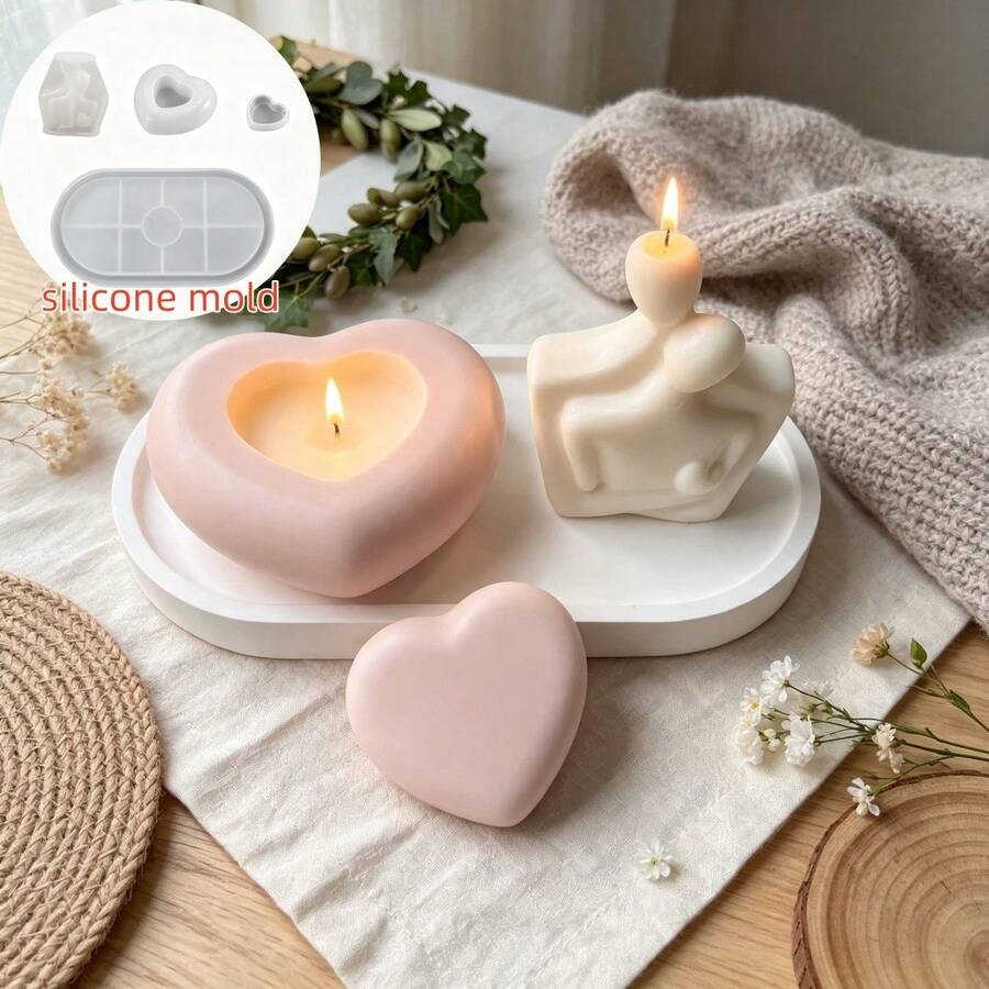 4pcs Silicone Molds, Includes Heart-Shaped Storage Box Mold, Hugging Couple Figurine Mold And Oval Tray Mold, Home Decor Figurine Plaster Resin Candle Mold, Perfect For Handmade Crafts, Holiday Decoration Candle Making, Gift Making, Reusable - Silicone Mold - View 1