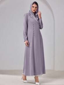 Chaqueta Abaya Elegante con Pañuelo, Hombros Acolchados, unicolor, Cierre de Botones Delanteros, Abertura Lateral Primavera Otoño - Morado Violeta - Ver 4