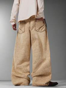 Korean Style Men's Wide Leg Jeans, Minimalist Basic Loose Pants, Casual Versatile Trousers, All Season Wear (Belt & Accessories Not Included) - Camel - View 2