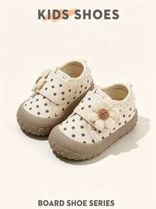 1 Pair Spring/Autumn New Baby Girl Polka Dot & Floral Walking Shoes, Soft Sole Hook & Loop Toe Anti-Kick Loafers - Beige - View 2