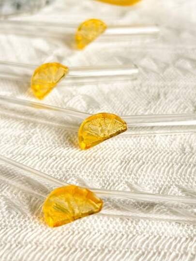 GASUDIN 1/2/5Pcs Cute Cartoon Glass Drinking Straws With Lemon Slice Charm, Reusable Bent Clear Straw Set With Straw Topper. Kitchen Accessories For Milk Tea, Juice, Cocktails & Cold Drinks, Home, Graduation, Party, With Cleaning Brush