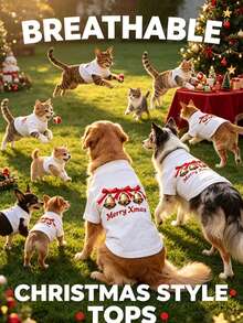 1Pc Christmas Bell Print Dog Clothes, Dachshund Clothes, Dog Costume, Cat Clothes, Teddy Bear Clothes, Breathable Lightweight Pet T-Shirt For Small Dogs & Cats, Xmas Daily Casual Tops - Multicolor - View 5