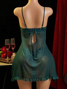 Conjunto de camisón de encaje floral: babydoll de malla transparente con liguero y ribete de volantes. Lencería ajustable. - Verde - Ver 2