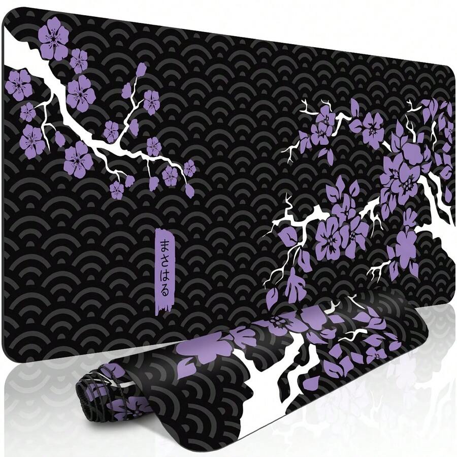 Elegant Japanese Purple Petal Pattern Large Extended Gaming Mouse Pad, Non-Slip Rubber Base, Smooth Glide Surface, Multi-Function Desk Mat For Computer Office Home Study, Exquisite Abstract Desktop Decor - A - View 1