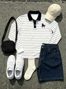 1pc Tween Boys Casual Versatile Classic Striped Pony Logo Contrast Print Long Sleeve Polo Sweatshirt, Autumn/Winter - White - View 2