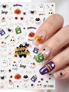 1PC Embossed Halloween Nail Stickers, Self-Adhesive Cute Cartoon Nail Decals With Pumpkin Ghost Bat Black Cat Skull Eye Magic Book Pattern, Happy Halloween DIY Manicure Decor Nail Art Supplies - Multicolor - View 3
