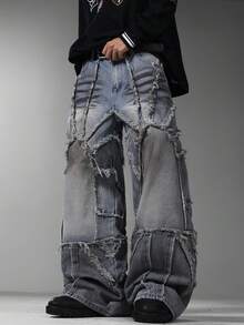 Gothic American Retro Men's Flare Jeans, Classic Splicing Design, Unique Hand Painted Denim Pants (Belt & Accessories Not Included) - Blue - View 7