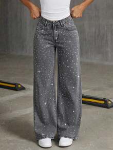 Fashionable Rhinestone Embellished Loose Wide-Leg Jeans For Teenage Girls - Grey - View 2