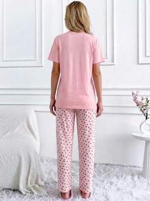 Women's Short Sleeve Heart Printed Pajama Set - Pink - View 5