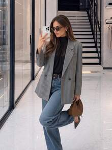 Women Fall Elegant Casual Grey Stripe Button Up Long Sleeve Blazer For Office Vacation Going Out - Grey - View 3