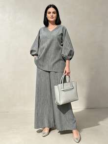 IGKEEL Plus Size Women's 2-Piece Set, Elegant Solid Color V-Neck Lantern Sleeve Top + Wide Leg Pants, Spring/Summer - Light Grey - View 2