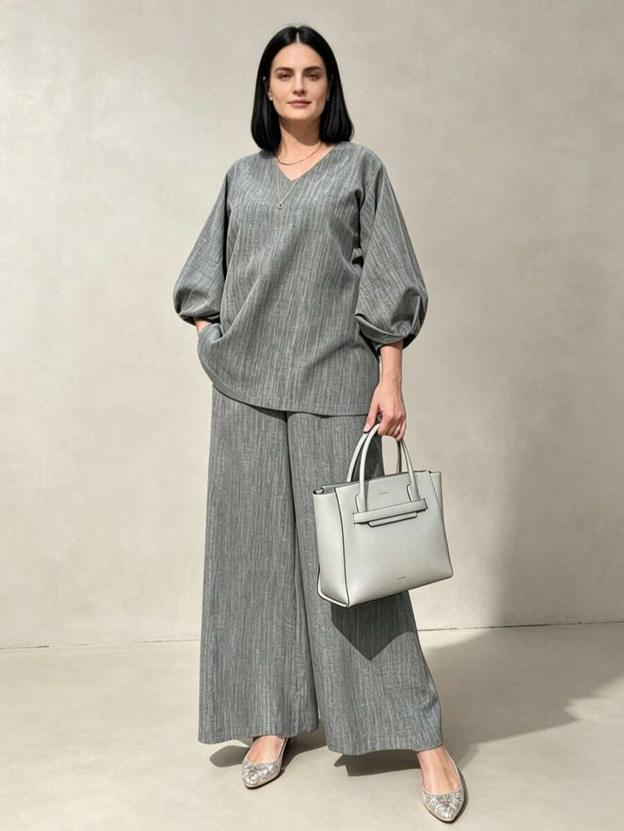 IGKEEL Plus Size Women's 2-Piece Set, Elegant Solid Color V-Neck Lantern Sleeve Top + Wide Leg Pants, Spring/Summer