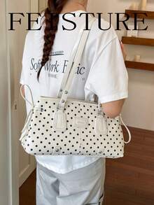 FEISTURE 1pc Polka Dot Print Women's Shoulder Bag, Suitable For Girls, Ladies, College Students, New Professionals And White-Collar Workers, Perfect For Work, Business, Commute, School - White - View 4